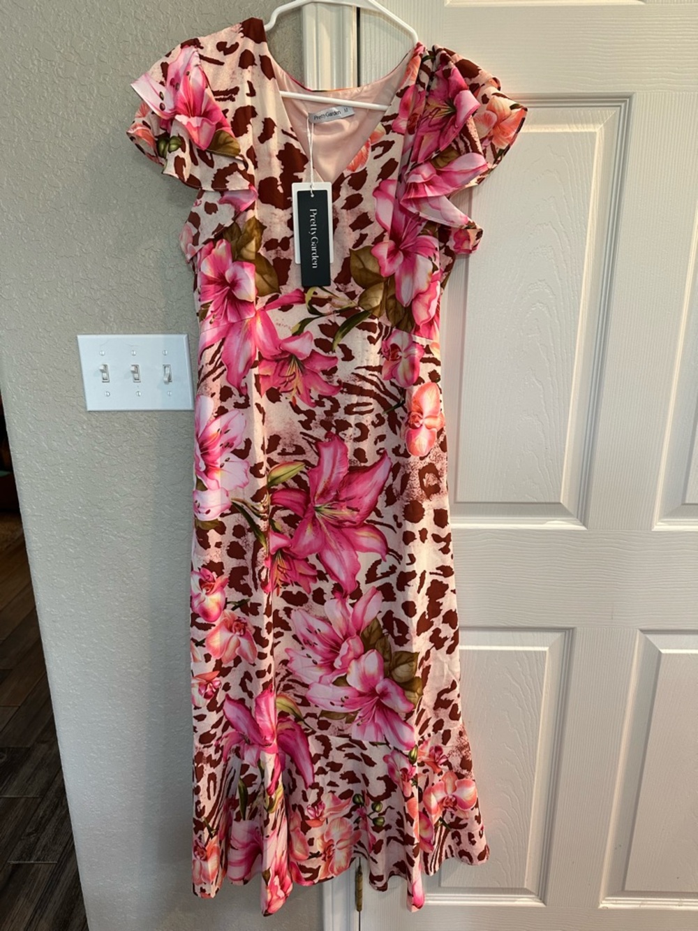 Pink Floral Ruffle-Sleeve Midi Dress